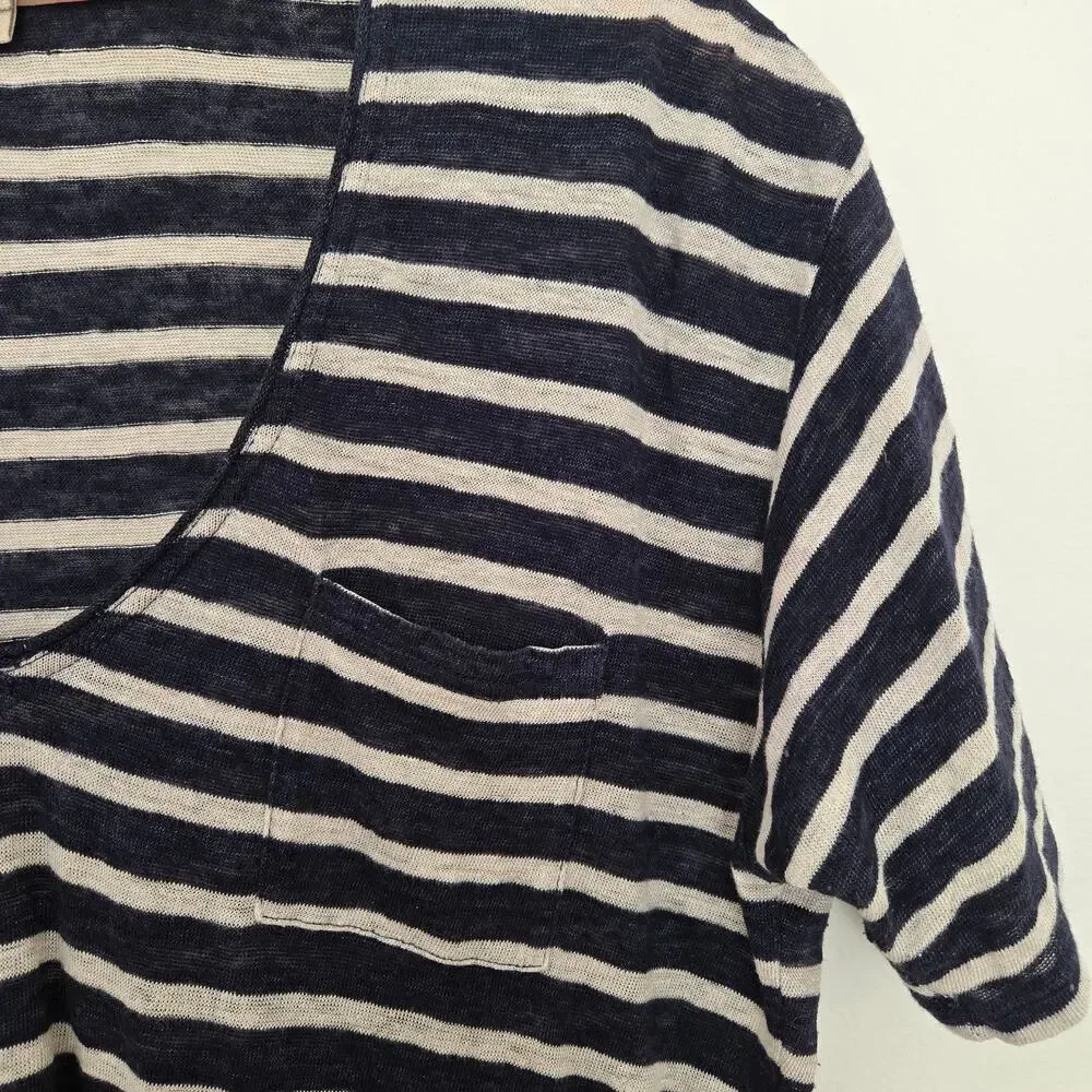 Burberry Brit Linen Pocket T-Shirt V-Neck Short Sleeve Navy Stripe Size M - Picture 4 of 6